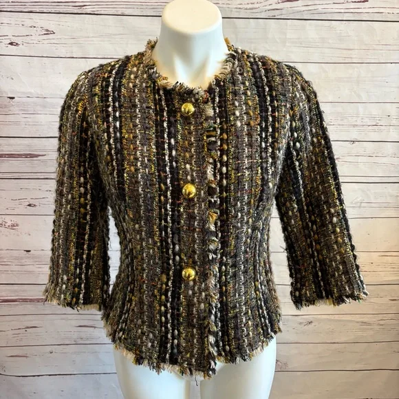 CABi 175 Paris Tweed Cropped Blazer Jacket Size Small Black Gold Button Fringe - Picture 2 of 12